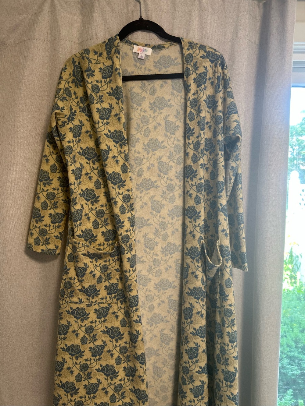 LuLaRoe Sarah Cardigan Long Sweater Jacket Floral Cream Blue Gray Pockets L New